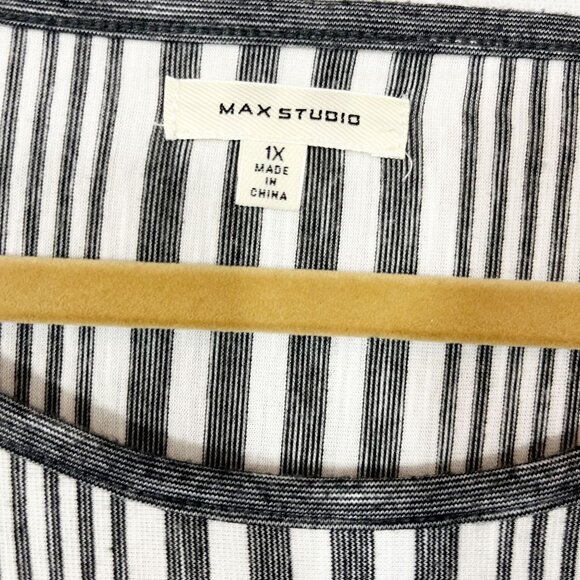 Max Studio Gray & White Striped Long Sleeve Shirt Bow Tie Cuffs - Size 1X - Picture 4 of 7